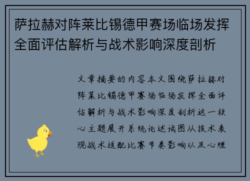 萨拉赫对阵莱比锡德甲赛场临场发挥全面评估解析与战术影响深度剖析